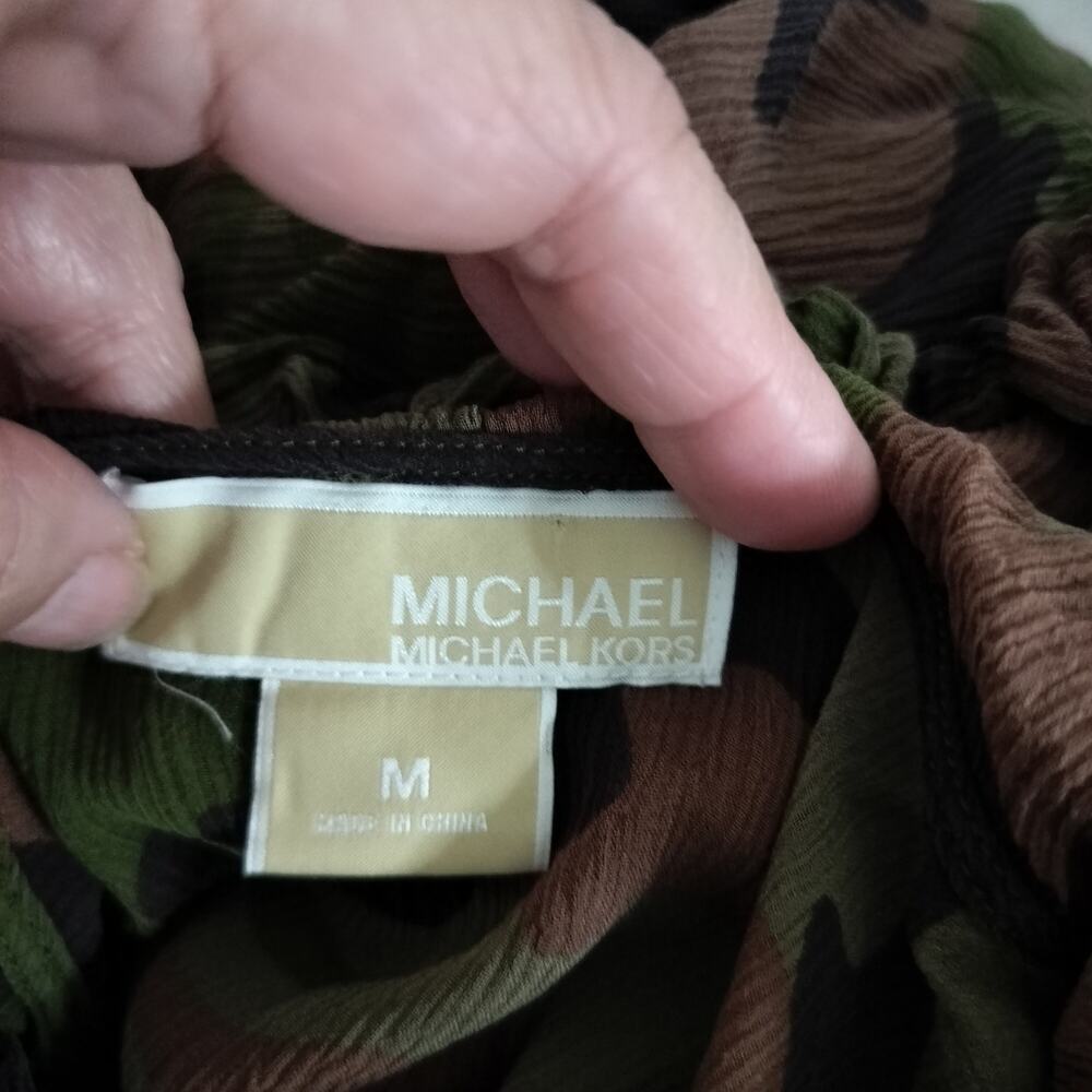 4994)Michael Kors Camouflage Silk Georgette semi Sheer Pullover Hooded Blouse M - Picture 9 of 11